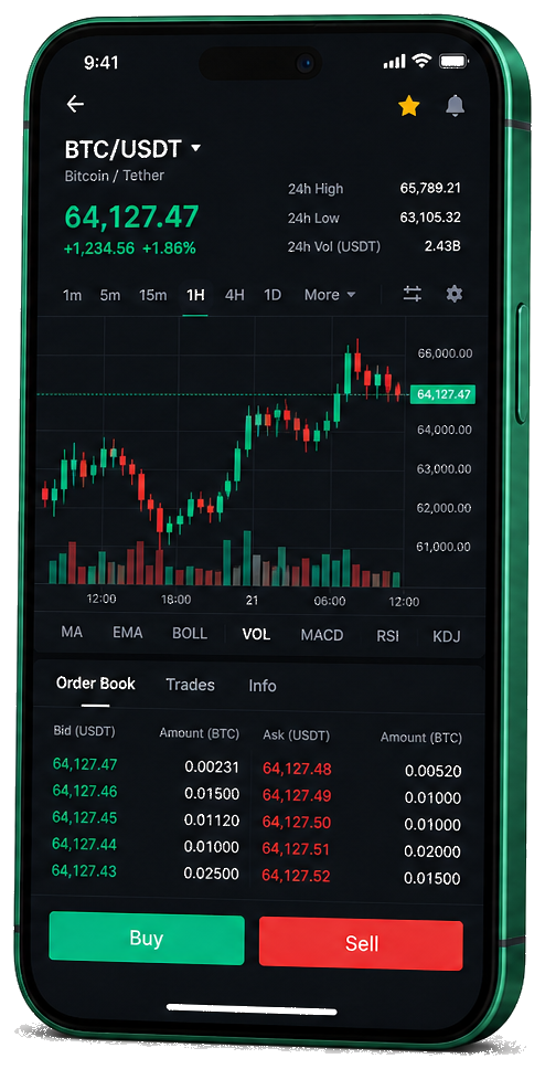 Swap 0.7 Lexapro trading platform on mobile — live BTC/USDT chart, order book, and buy/sell interface